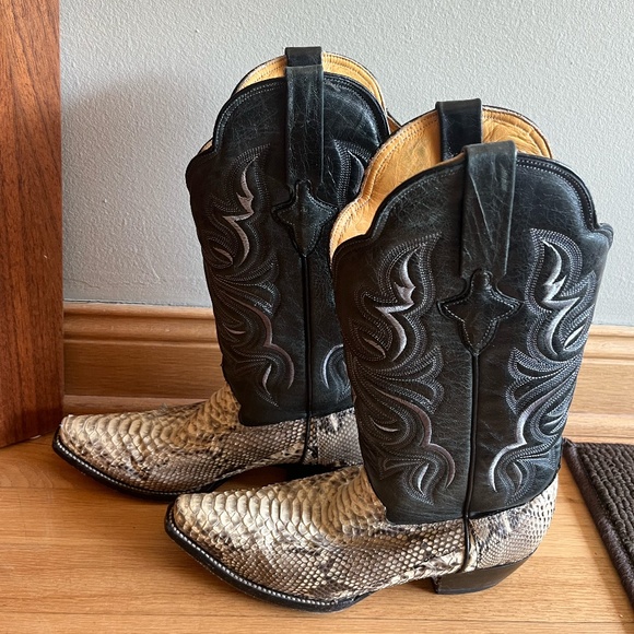 Safari Exotic Leather Black Embroidered/White & Gray Snakeskin Boots - Picture 3 of 5
